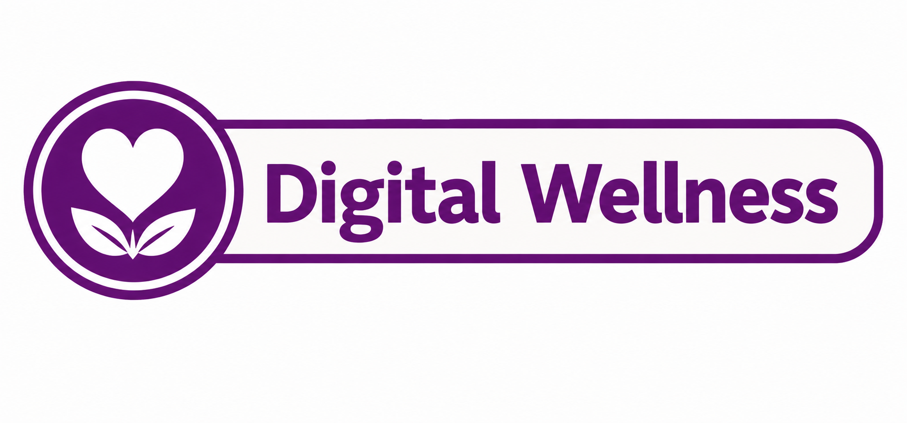 A purple and white logo featuring a heart and leaves inside a circle, with the text 'Digital Wellness' beside it.